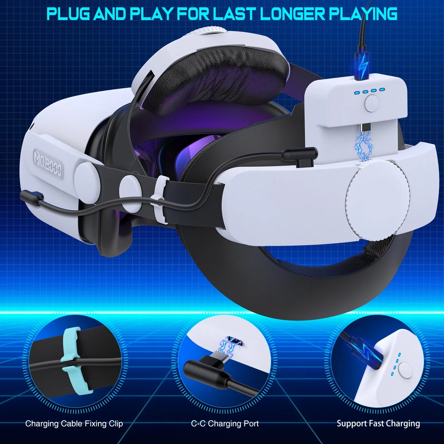 Adjustable Head Strap with 7500Mah Battery Pack for Meta/Oculus Quest 2/3, White