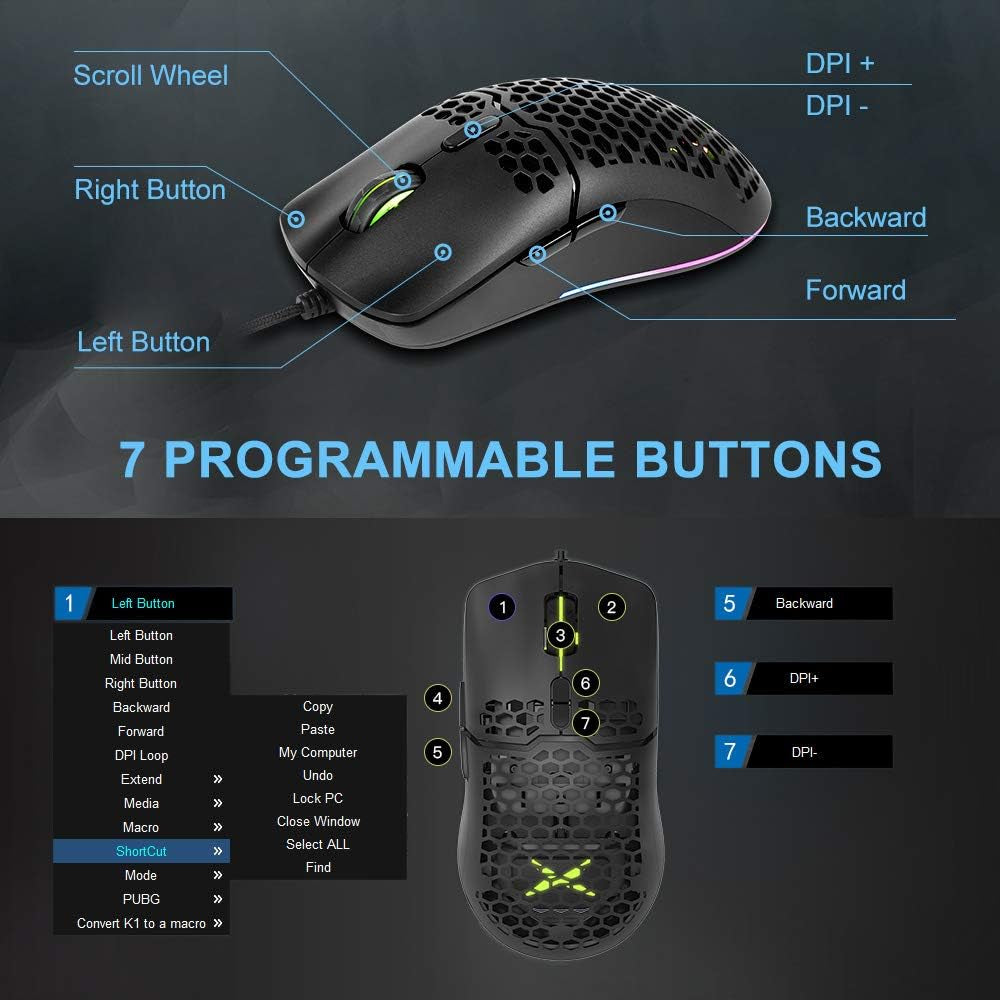 67G (2.36Oz) Wired Lightweight Gaming Mouse with 7200DPI, 1000Hz Polling Rate, RGB Backlit and 7 Programmable Buttons, Honeycomb Gaming Optical Mouse for PC Gamer(M700Bu(A725)(Black))