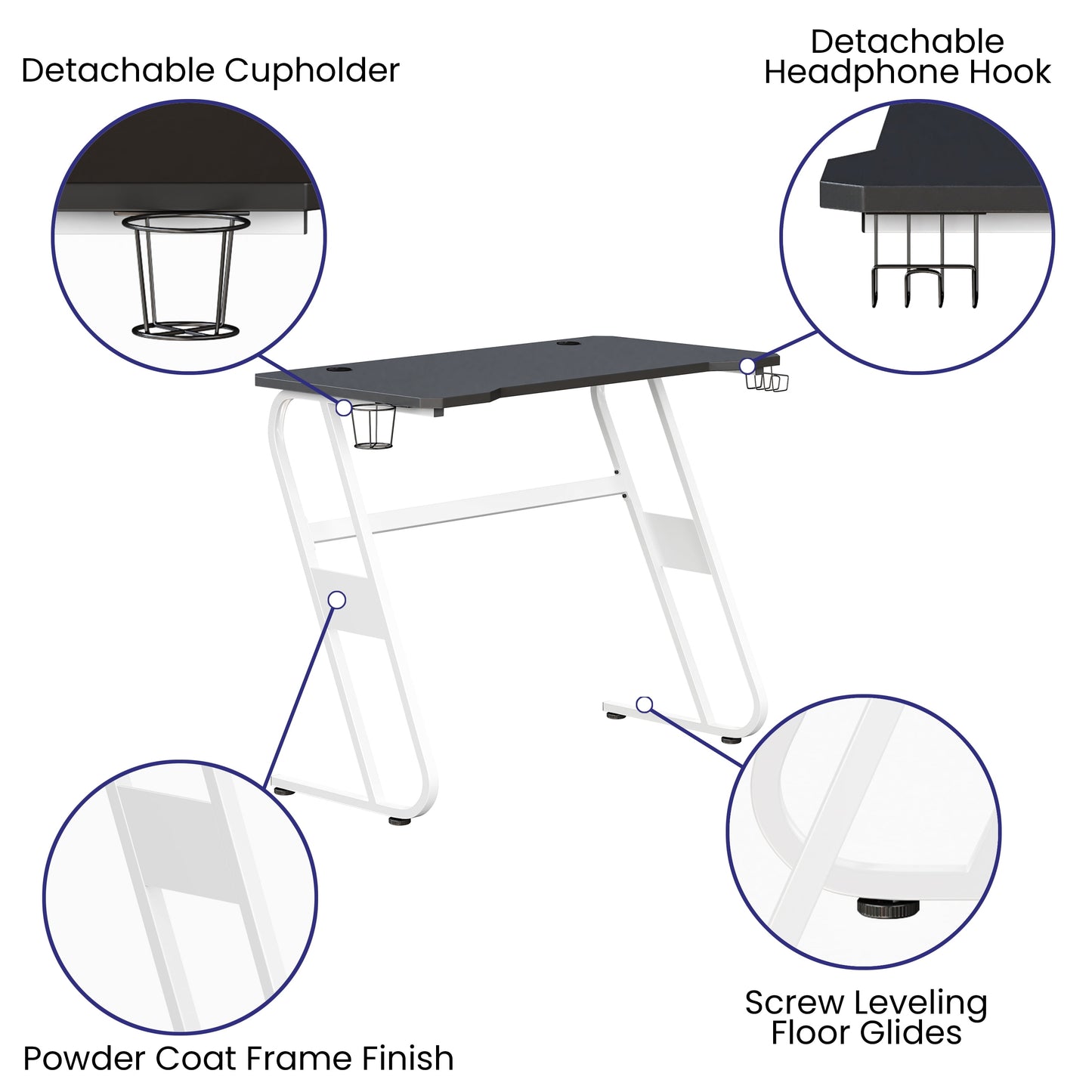White Gaming Ergonomic Desk with Cup Holder and Headphone Hook