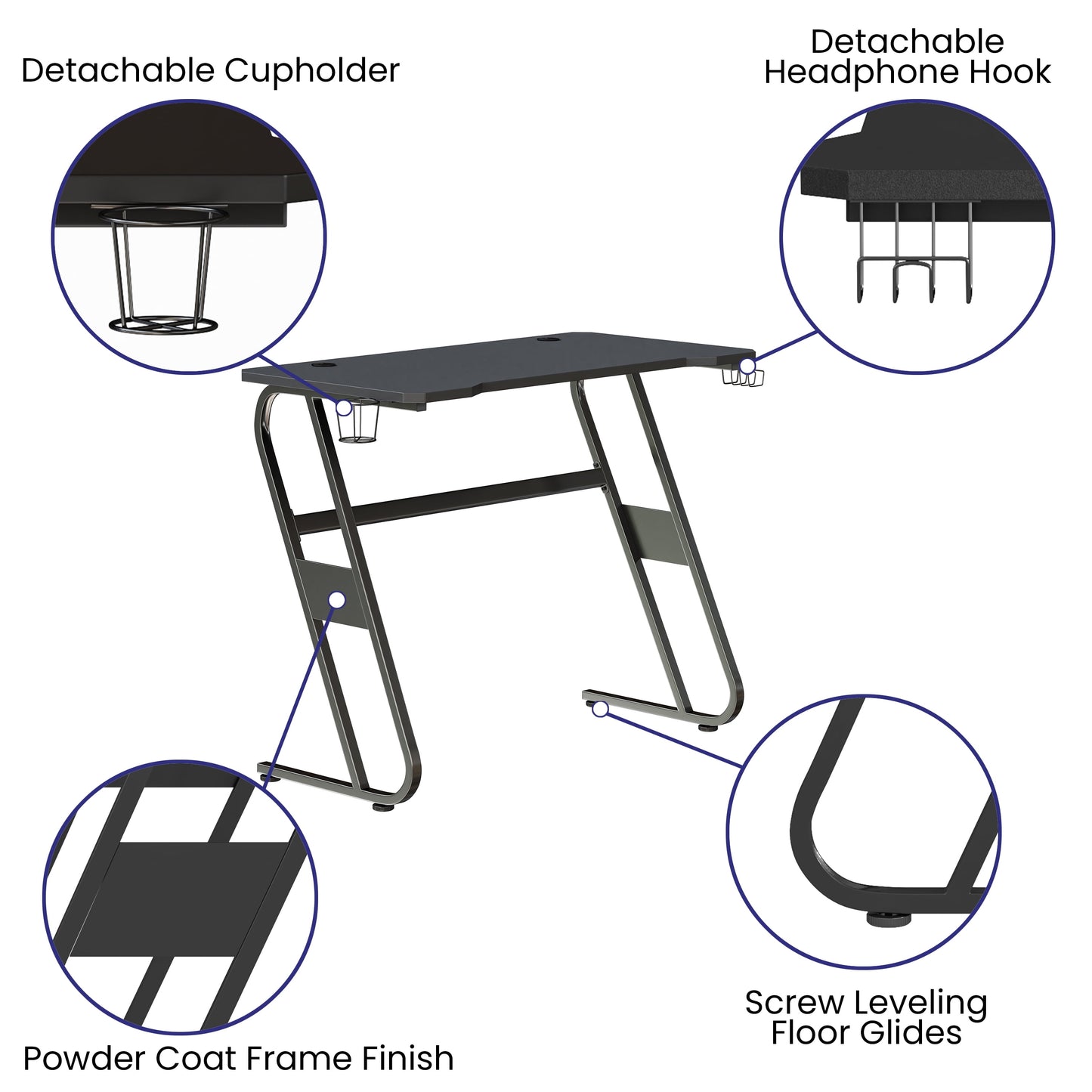 Black Gaming Ergonomic Desk with Cup Holder and Headphone Hook