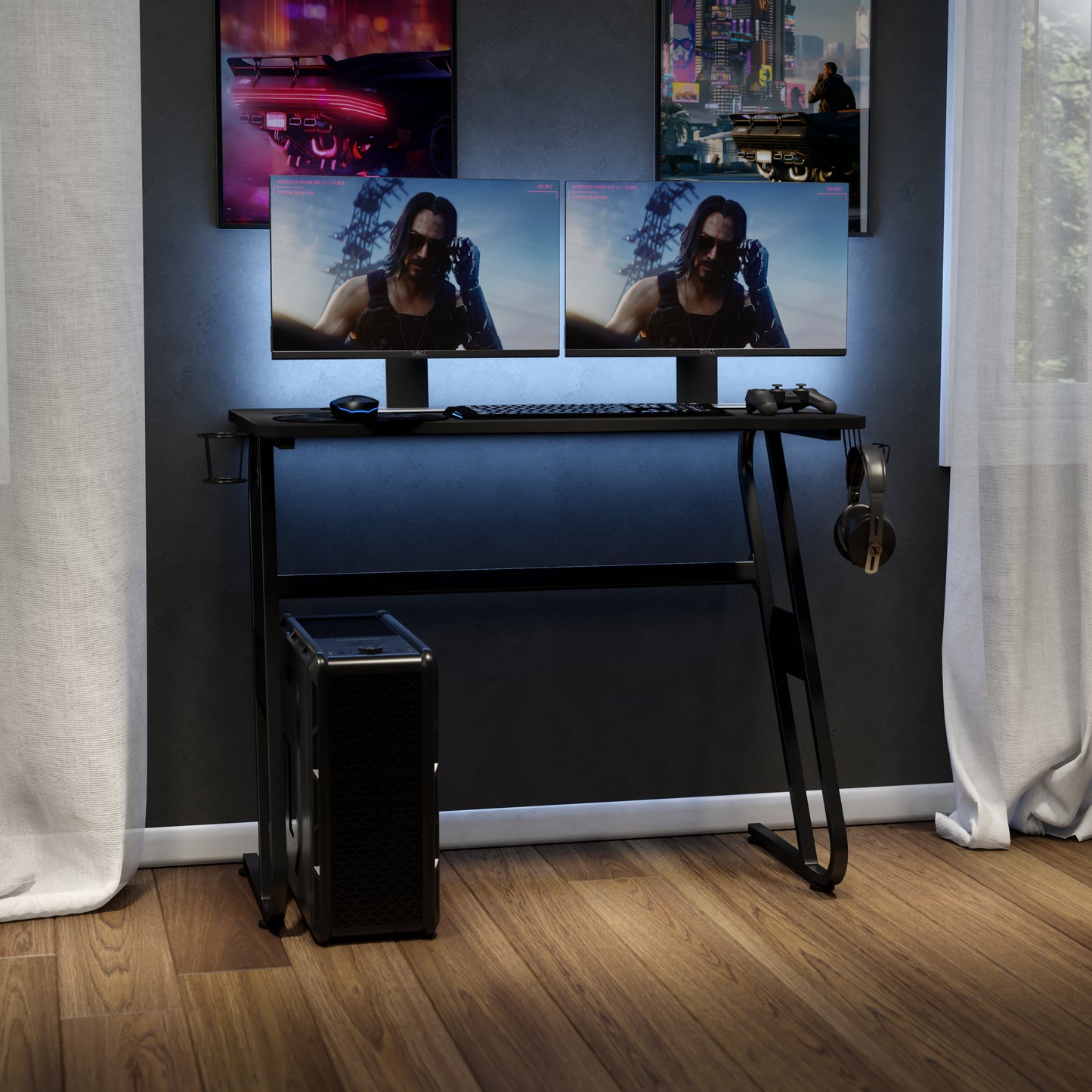 Black Gaming Ergonomic Desk with Cup Holder and Headphone Hook
