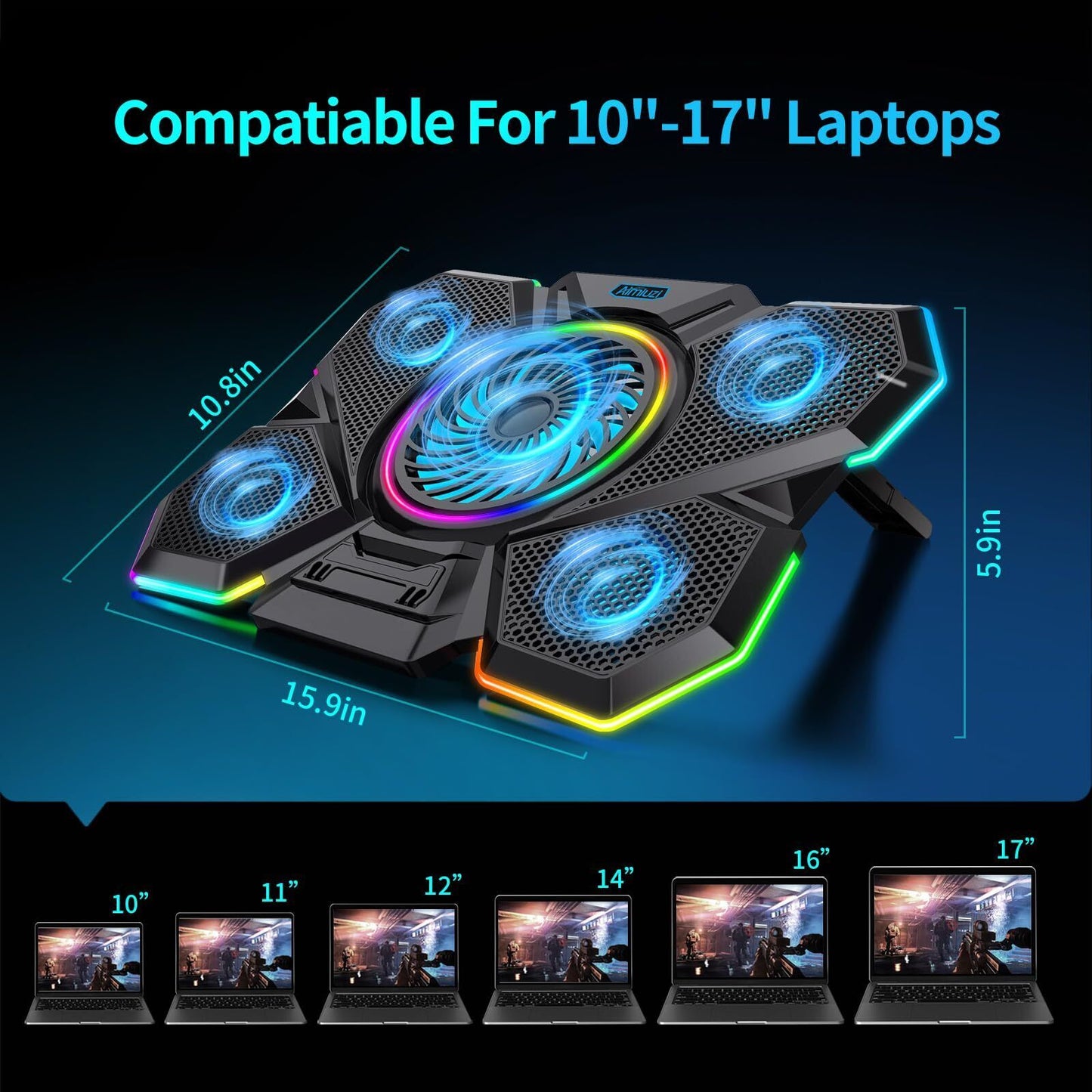 Laptop Cooling Pad, Gaming Laptop Cooler with 5 Quiet Fans and LED Lights (On...