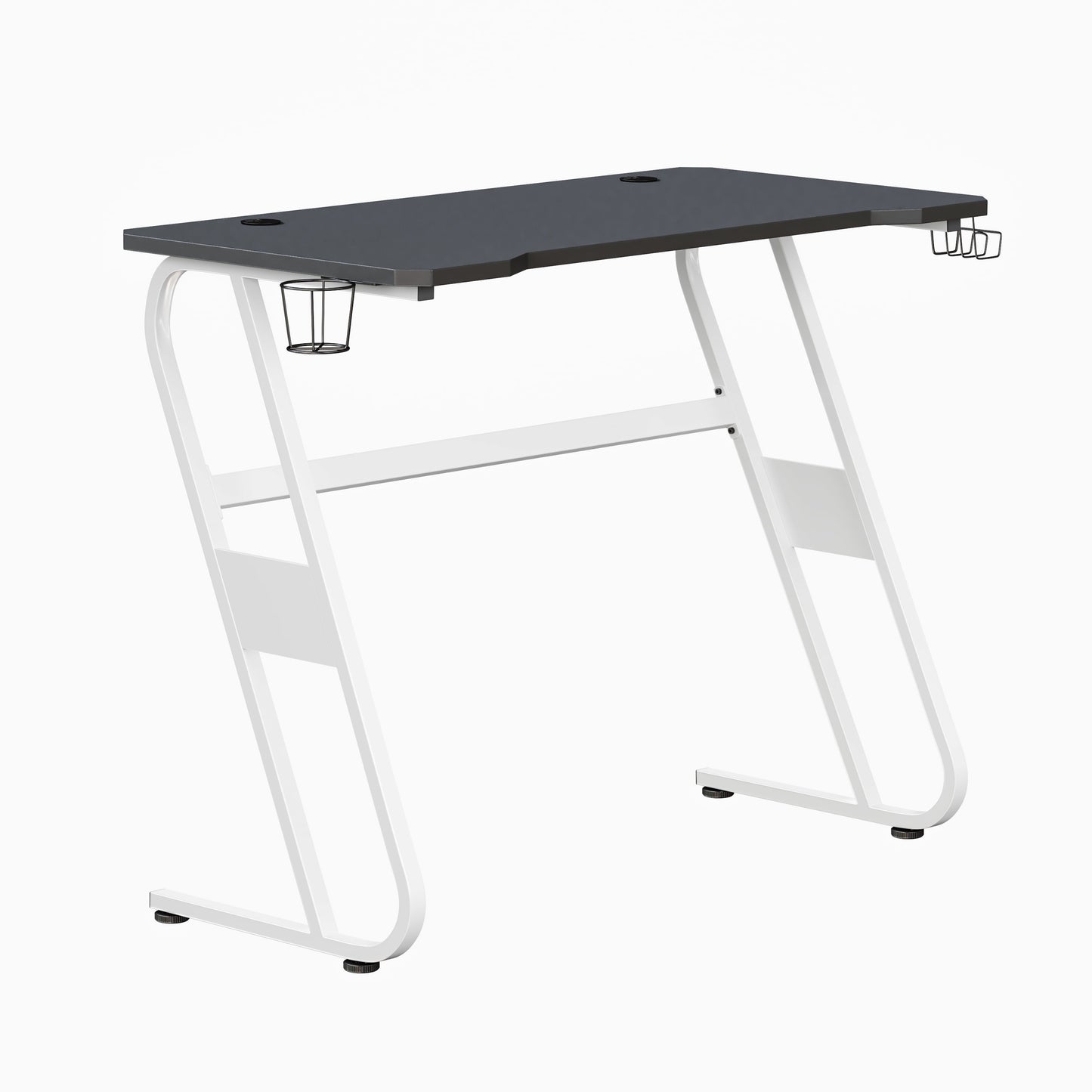 White Gaming Ergonomic Desk with Cup Holder and Headphone Hook