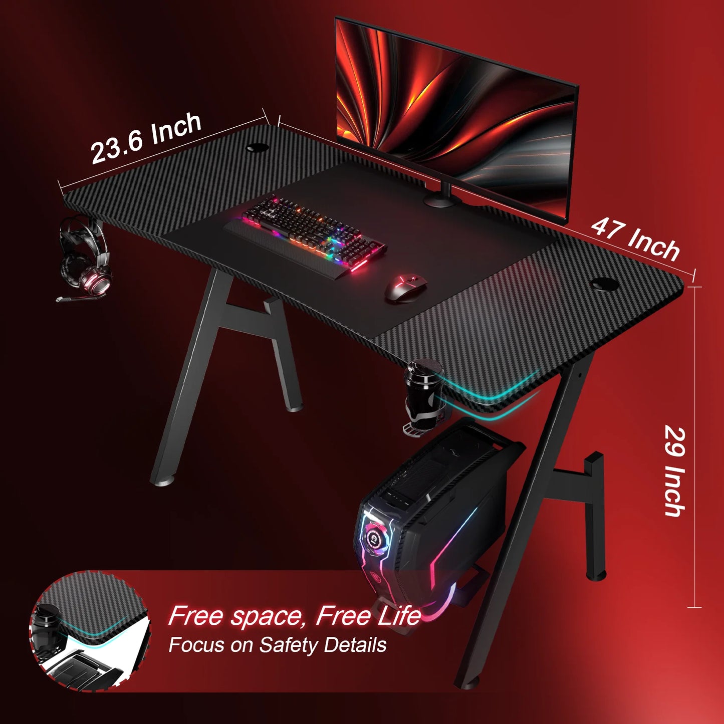 47 Inch Gaming Desk, Ergonomic Gamer Table, Computer Table, Pc Workstation