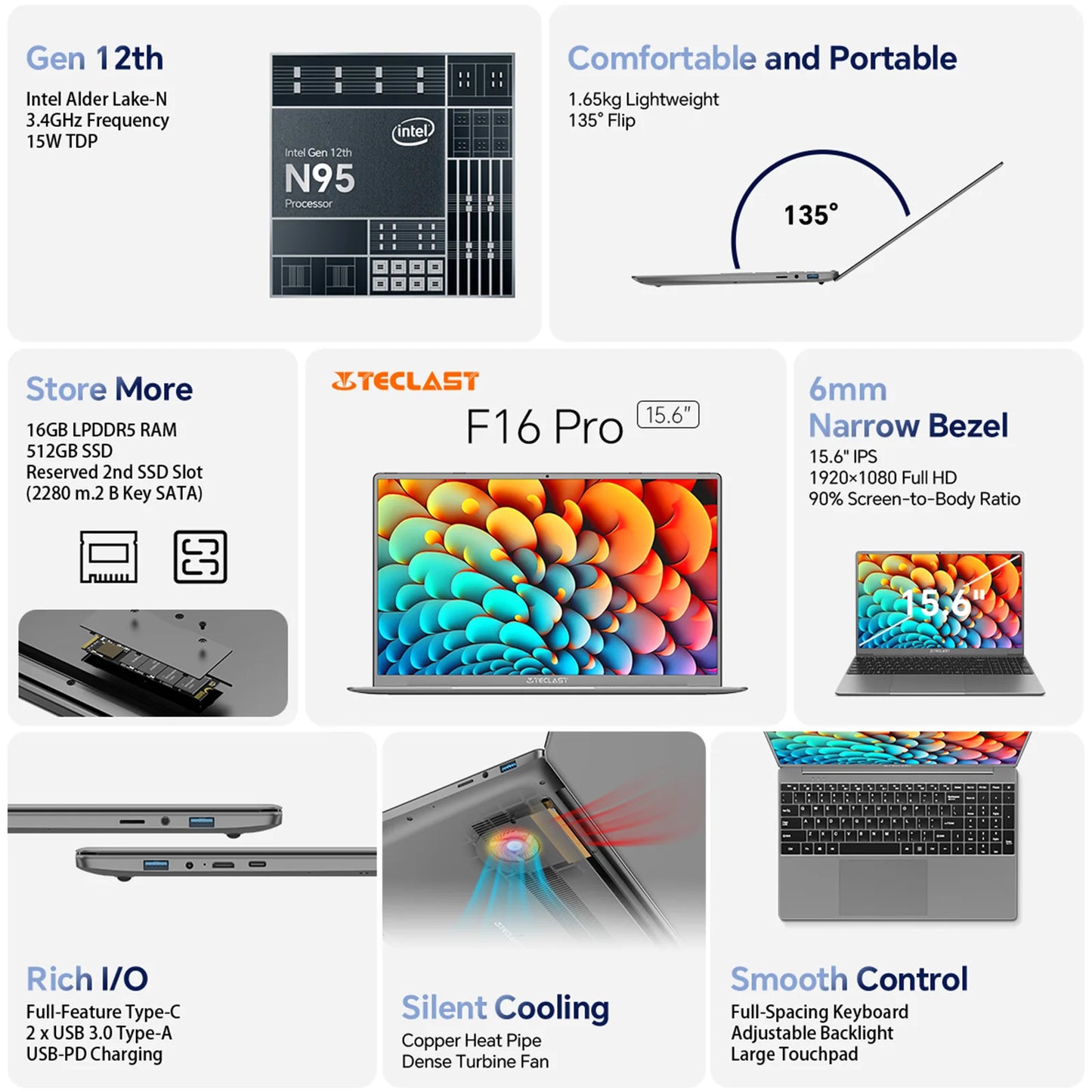 Windows 11 Pro Notebook Computer 15.6" Laptop 16GB RAM 512GB SSD, 3.4Ghz Quad Core Intel N95 Bussiness Computer PC, 1920X1080, Intel UHD Graphics, IPS FHD 1080P Screen, Wifi 6/BT 5.0