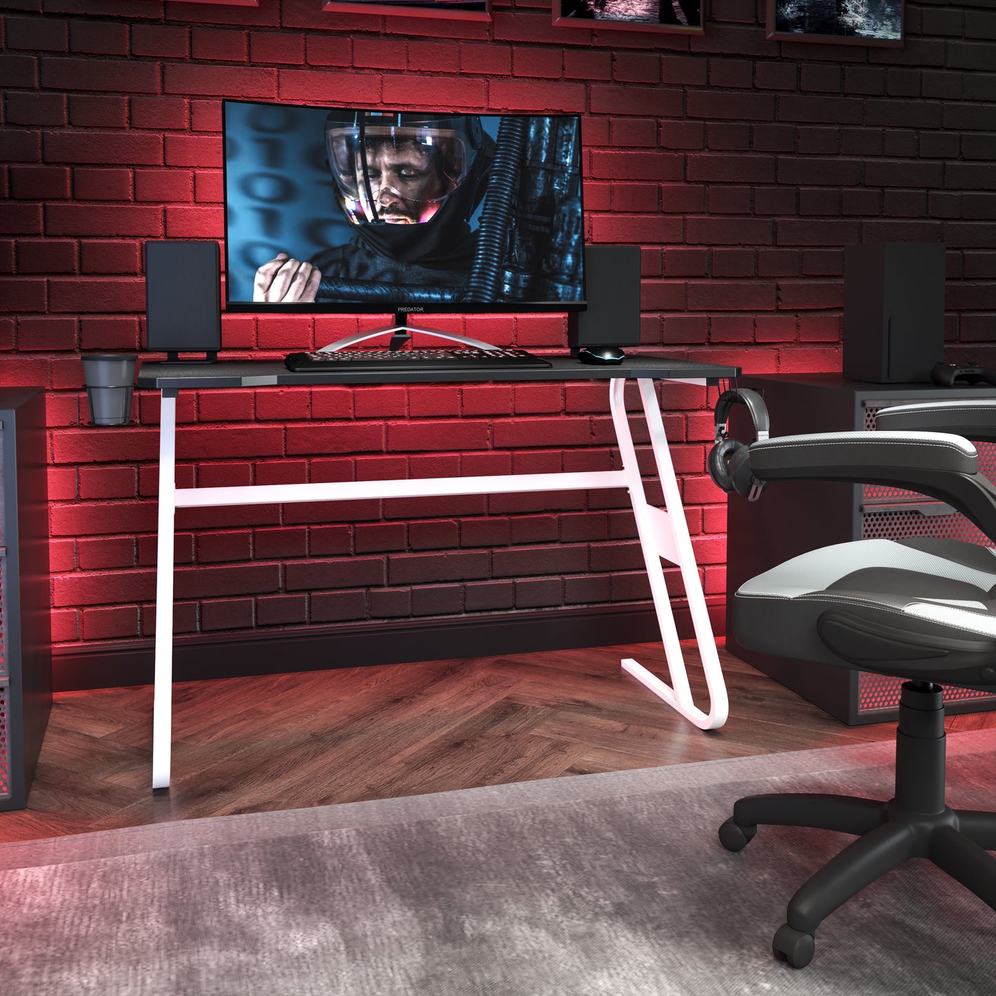 White Gaming Ergonomic Desk with Cup Holder and Headphone Hook