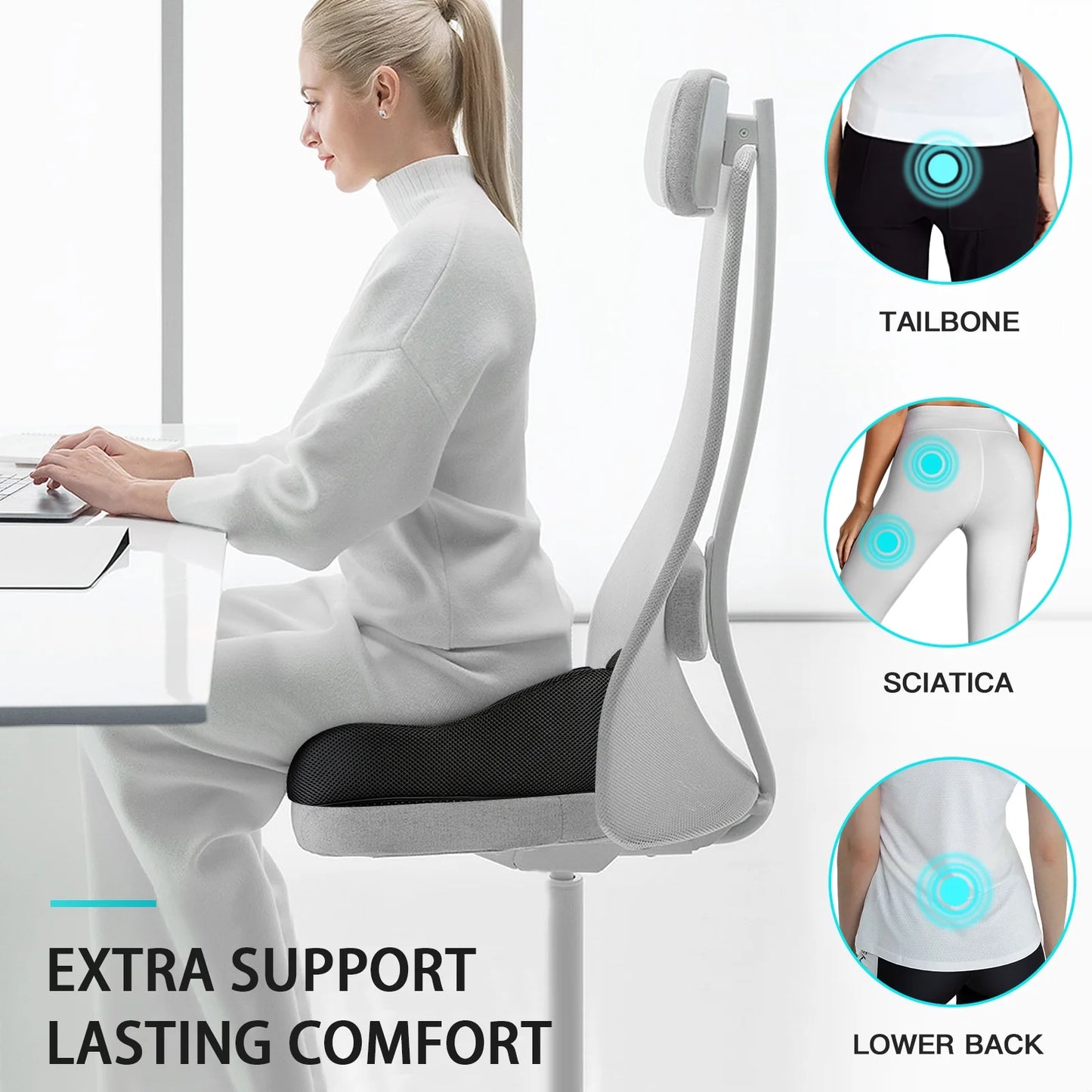 X Large Seat Cushion, Office Chair Pad for Relief Sciatica & Tailbone Pain, Non Slip Support Coccyx Pillow for Long Sitting