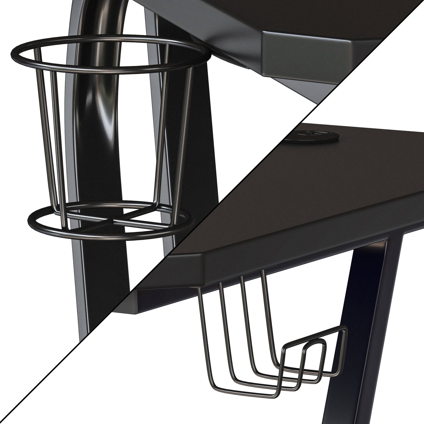 Black Gaming Ergonomic Desk with Cup Holder and Headphone Hook
