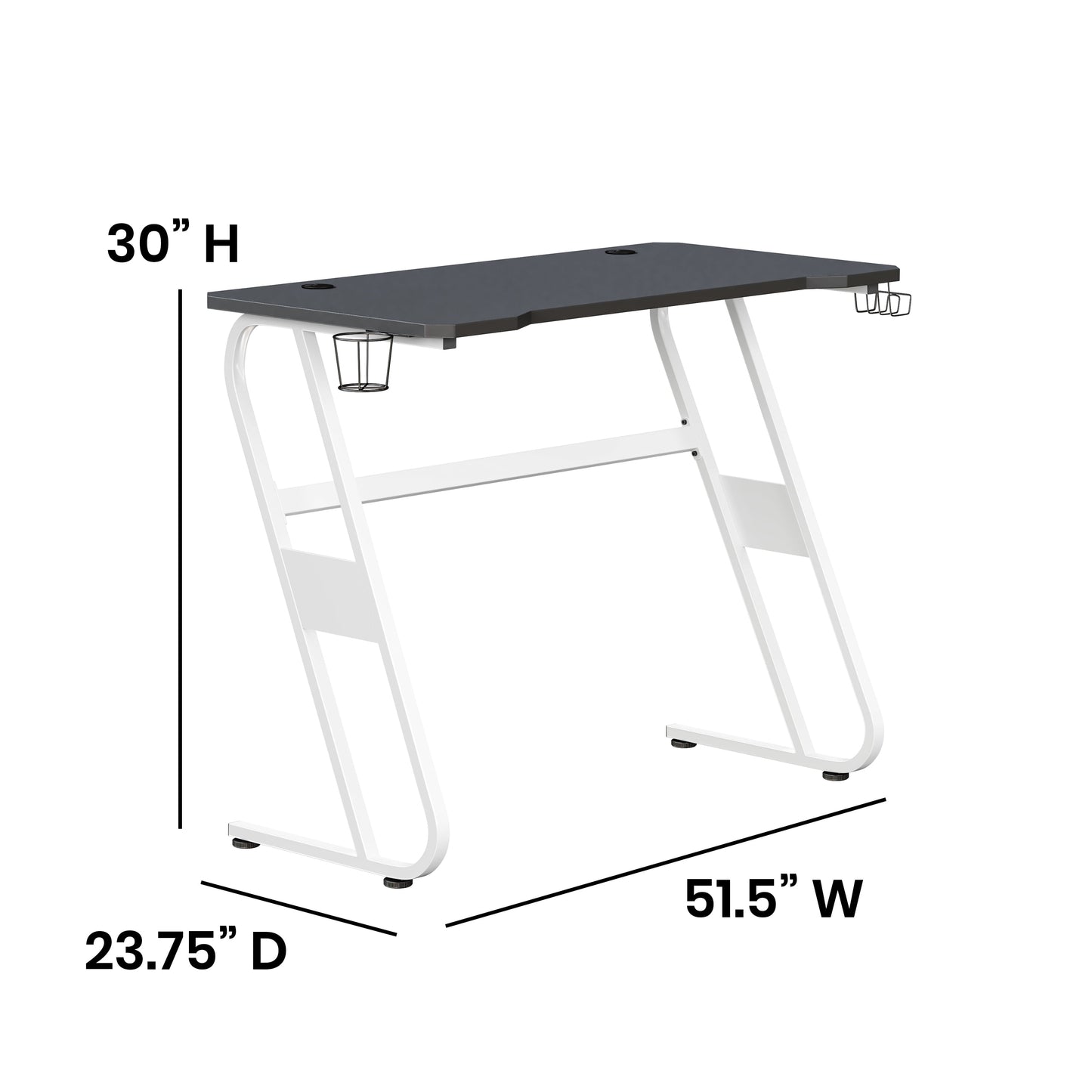 White Gaming Ergonomic Desk with Cup Holder and Headphone Hook