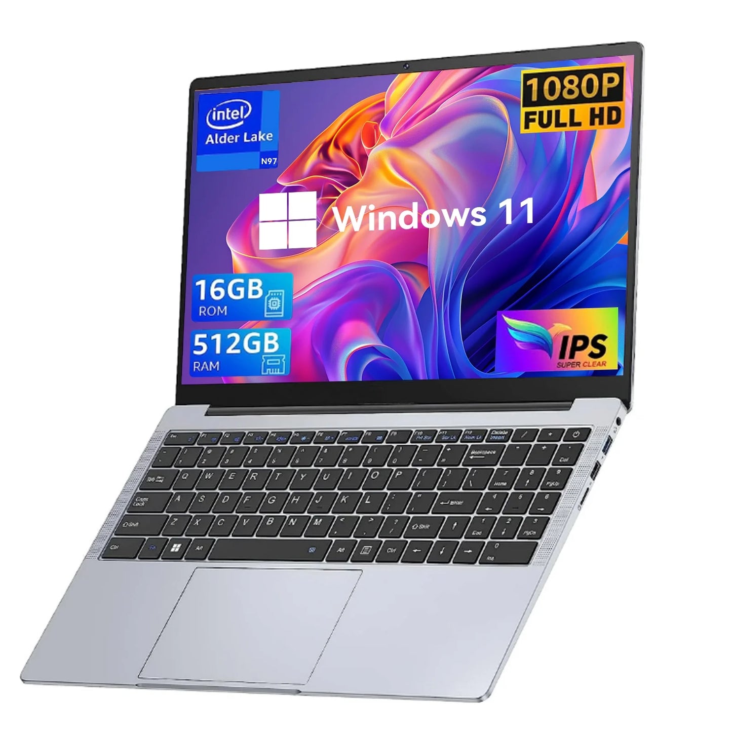Laptop 15.6 FHD 16GB 512GB Intel Quad-Core 12Th Alder Lake N97 with Windows 11 Pro