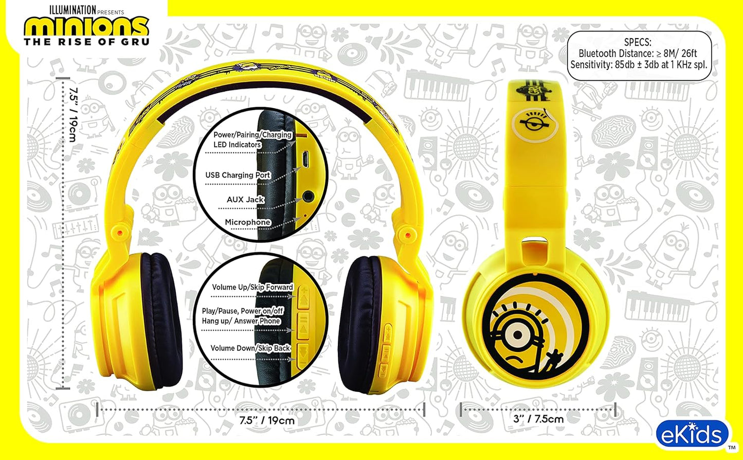 Minions Kids Bluetooth Headphones, Wireless Headphones with Microphone Includes Aux Cord, Volume Reduced Kids Foldable Headphones for School, Home, or Travel